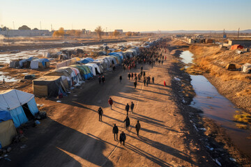 An early morning view of a refugee camp with rows of tents and people lining up amidst a vast landscape.