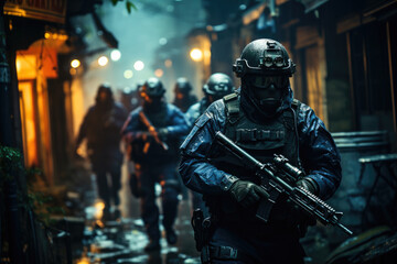 Armed soldier in full gear patrolling an urban street at night with his team moving in the background. - obrazy, fototapety, plakaty