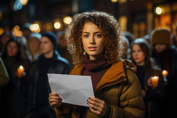Portrait of a young woman with curly hair holding a paper at a candlelight vigil in the city during the evening.