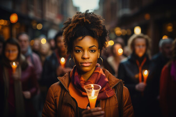 Portrait of a young woman holding a candle amidst a crowd in an urban evening setting, reflecting a solemn event.