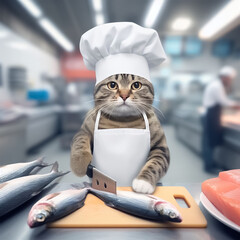 A cat chef cutting a fish