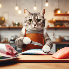 A cat chef cutting a fish digital photo