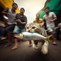 A cat that takes a fish and runs away