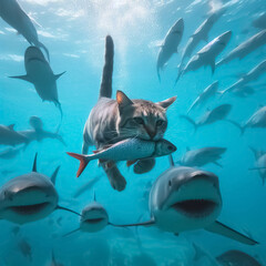 A cat hunting a fish under the sea