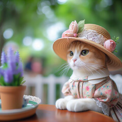 A female cat wearing a beautiful dress