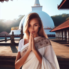 A young woman in a beautiful sari worships