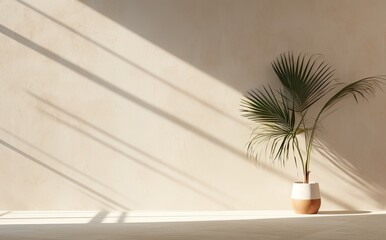 Sunlit room with a single palm in a stylish planter.