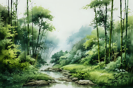 painting of bamboo forest in watercolor, light green watercolor in oriental style with copy space