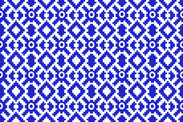 Seamless geometric embroidery pattern on white, blue background vector