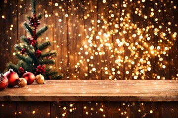 Fototapeta na wymiar Christmas Table Blurred Lights Background, Wood Desk in Focus, Xmas Wooden Plank, Blur Home Room