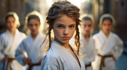 Fototapeta premium Group of girls teens in white karate kimono outside ate looking to the photo camera