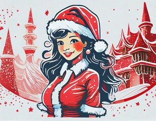 cartoon portrait of the girl with a santa claus costume in town with tower