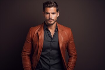 Obraz premium Portrait of a glad man in his 30s sporting a stylish leather blazer against a solid color backdrop. AI Generation