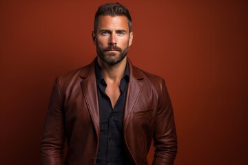 Obraz premium Portrait of a glad man in his 30s sporting a stylish leather blazer against a solid color backdrop. AI Generation