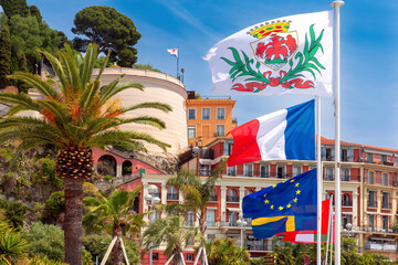 Flags on Promenade des Anglais in Nice, French Riviera, France