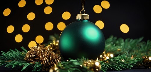 Green Christmas decoration ball with fir tree branch against black background with golden bokeh