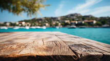 Fototapeta na wymiar Wooden table on the background blurred sea, island and the blue sky. High quality photo. 