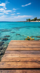 Vertical Mock up for product. Wooden table on the background of the sea, island and the blue sky. High quality photo.