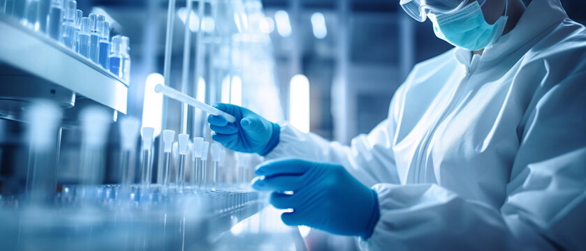 Closeup of lab technician holding test tube for analysis, containing a precision sample, representing advanced biotechnology research. Pharmaceutical machine working. Generative ai