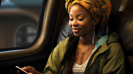 a young beautiful long-haired curly woman looks at a smartphone with a smile in a subway or electric train car