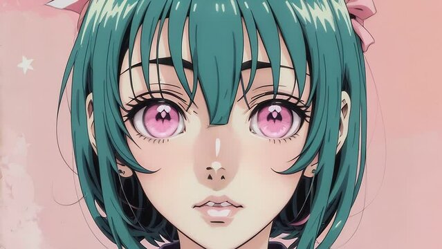 Portrait of an anime girl with green hair, huge beautiful eyes on a pink background