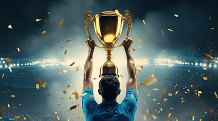 football player brandishing a gold cup, man holding up a trophy from behind in a crazy stadium with confetti in the background - obrazy, fototapety, plakaty