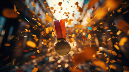Gold Medal mockup with Falling Confetti Celebrating Victory and Achievement - obrazy, fototapety, plakaty