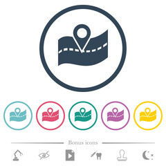GPS road location flat color icons in round outlines