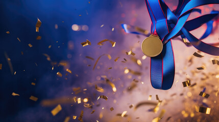 gold medal with blue ribbon, original medal mockup with gold confetti background in a horizontal banner,   