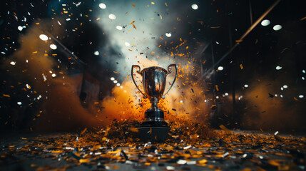 Celebration of Victory: Silver Trophy Embraced by Vibrant Confetti and Enveloped in Mystical Orange Smoke in dark atmosphere, floor covered in orange and black confetti, wallpaper  - obrazy, fototapety, plakaty