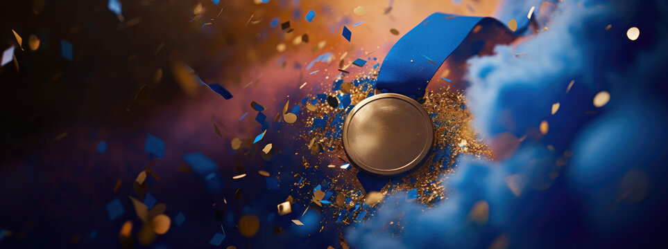 gold medal mockup with a blue ribbon in a festif background with an explosion of colorful confetti and blue smoke in a panoramic background