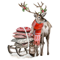 Freehand illustration of a deer in watercolor. Hand drawn watercolour Christmas reindeer © Julia