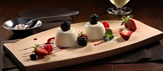 The restaurants exquisite presentation of the creamy vanilla panna cotta dessert on a wooden table, with elegant decoration, showcased the chefs skilled cooking and attention to detail, providing both - obrazy, fototapety, plakaty