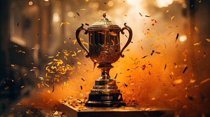 gold trophy cup in an explosion of confetti, bright and yellow atmosphere, world cup winner concept...