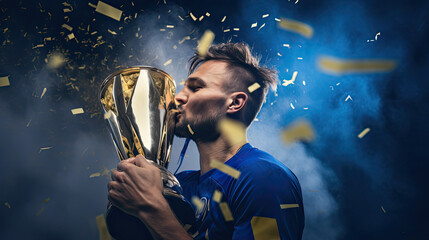 The Champion's Moment: A Man with a blue sports jerseyTriumphantly Holding a Trophy Surrounded by Colorful Confetti on blue smoke background, athlete kisses a cup 