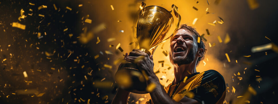 World Champion Celebrating Victory with a Trophy and Confetti Shower, black and yellow panorama banner 