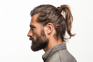 profile view portrait shot hipster beard male man stylish hair style studio shot on white background wall 