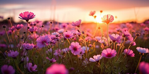 Summer's Embrace - Pink Flowers Carpeting a Sunlit Field - Creating a Peaceful Summer Landscape Design