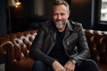 Fototapeta premium Portrait of a joyful man in his 40s sporting a classic leather jacket against a scandinavian-style interior background. AI Generation