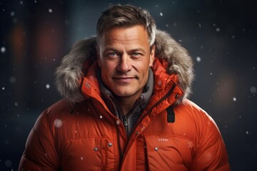 Obraz premium Portrait of a cheerful man in his 40s donning a durable down jacket against a scandinavian-style interior background. AI Generation