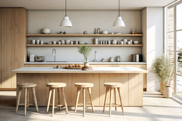 Interior of modern kitchen with beige walls, concrete floor, wooden cupboards and bar with stools.