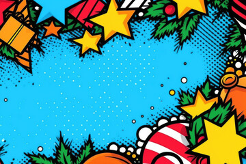 Pop art-inspired cartoon christmas presents, tree and decoration on a blue background. Pop art Christmas background. Copy space for text.