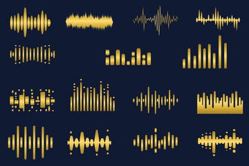 Set of golden sound waves, equalizer, gold sound wave forms