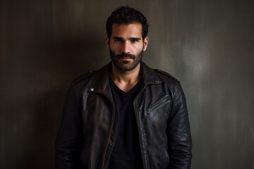 Obraz premium Portrait of a content man in his 30s sporting a classic leather jacket against a bare concrete or plaster wall. AI Generation