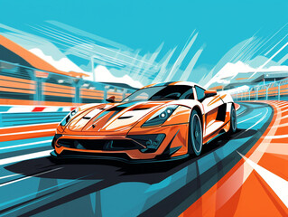 A sleek sports car zooming through a racetrack, showcasing its speed and agility. - obrazy, fototapety, plakaty