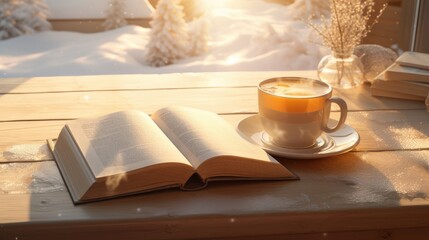 Morning winter background featuring a book, a coffee cup, and a snow. Sunrise concept