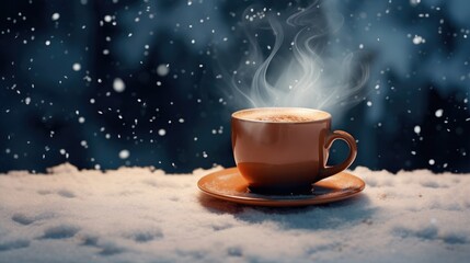 Obraz premium Hot coffee in winter. Winter background