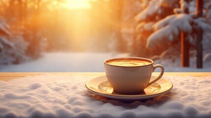 Coffee cup and winter morning. Beautiful cozy outdoors. Sunrise concept