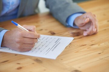 Hands, writing and document with employment application, man and employee with insurance, signature...