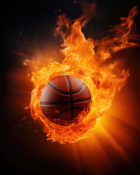 basketball in flames on a black background with ray of light 